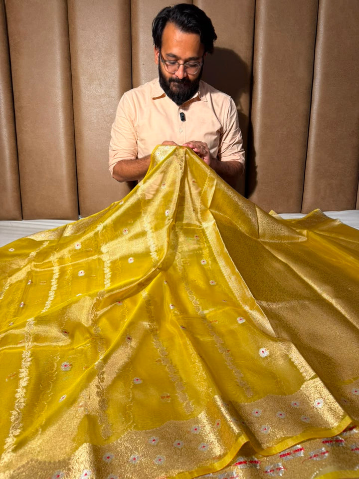 Lemon Yellow Contemporary Kora Tissue Silk Banarasi Saree