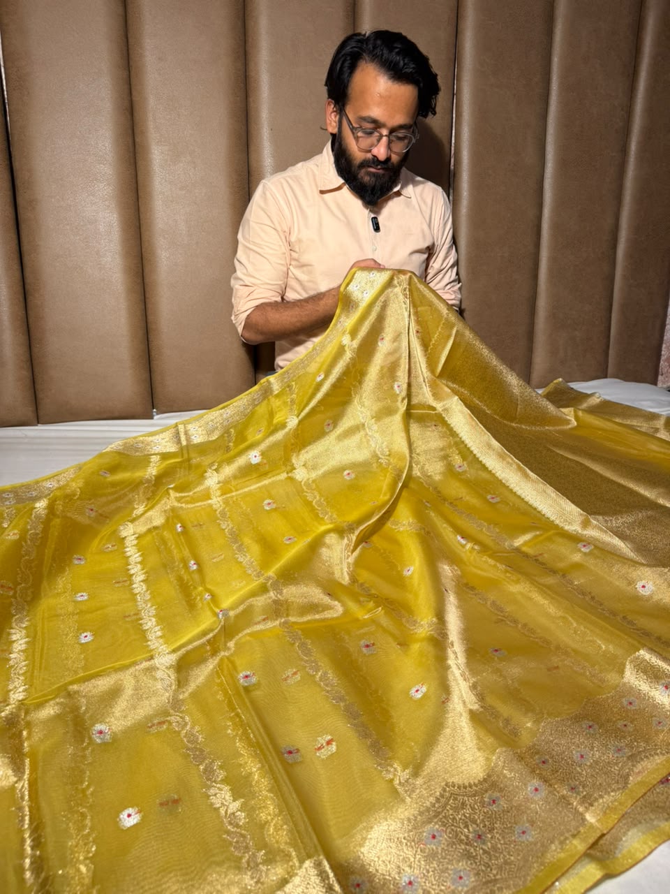 Lemon Yellow Contemporary Kora Tissue Silk Banarasi Saree