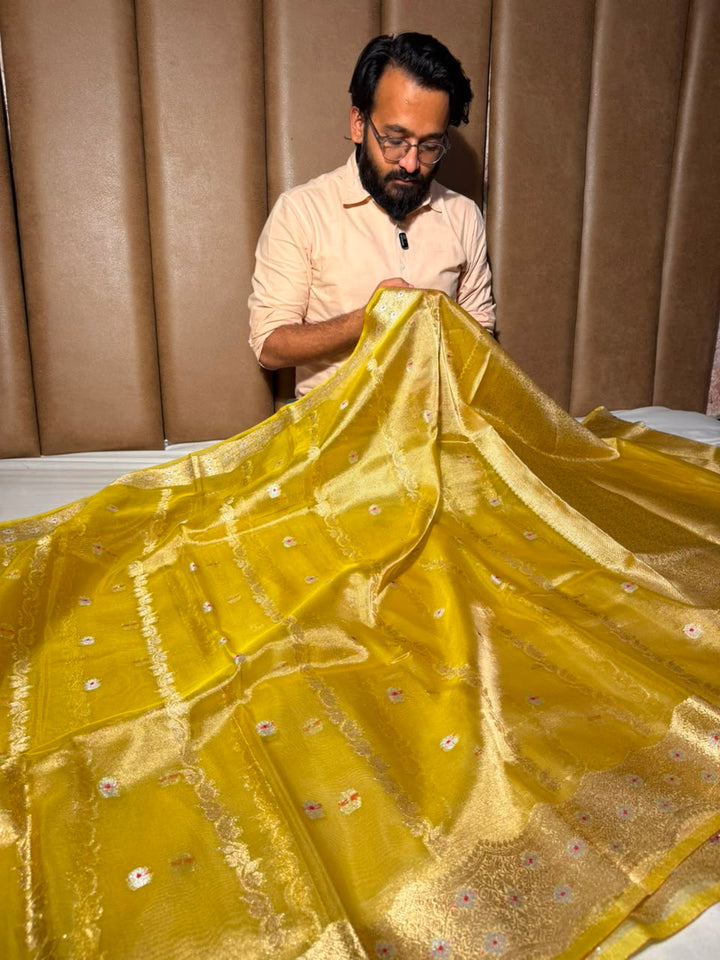 Lemon Yellow Contemporary Kora Tissue Silk Banarasi Saree