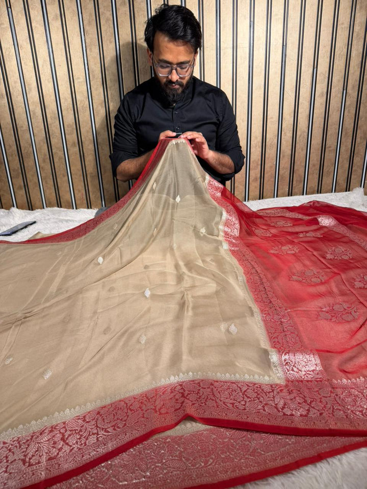 Light Beige Pure Khaddi Chiffon Silk Handwoven Banarasi Saree