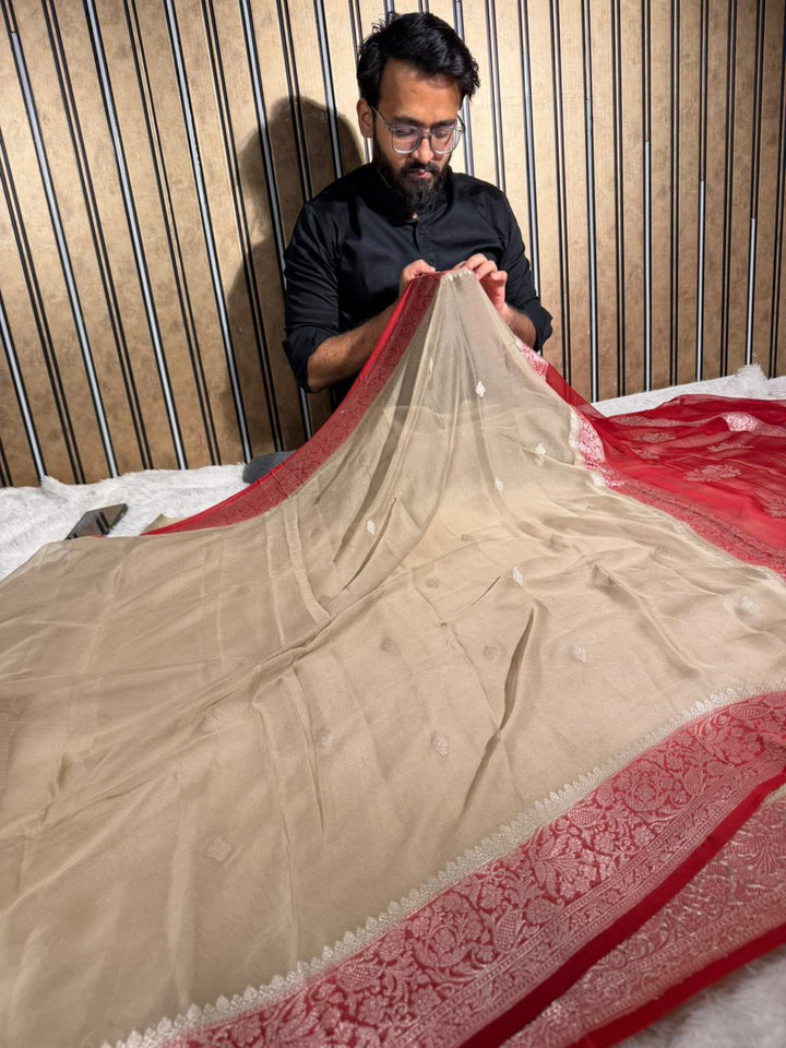 Light Beige Pure Khaddi Chiffon Silk Handwoven Banarasi Saree