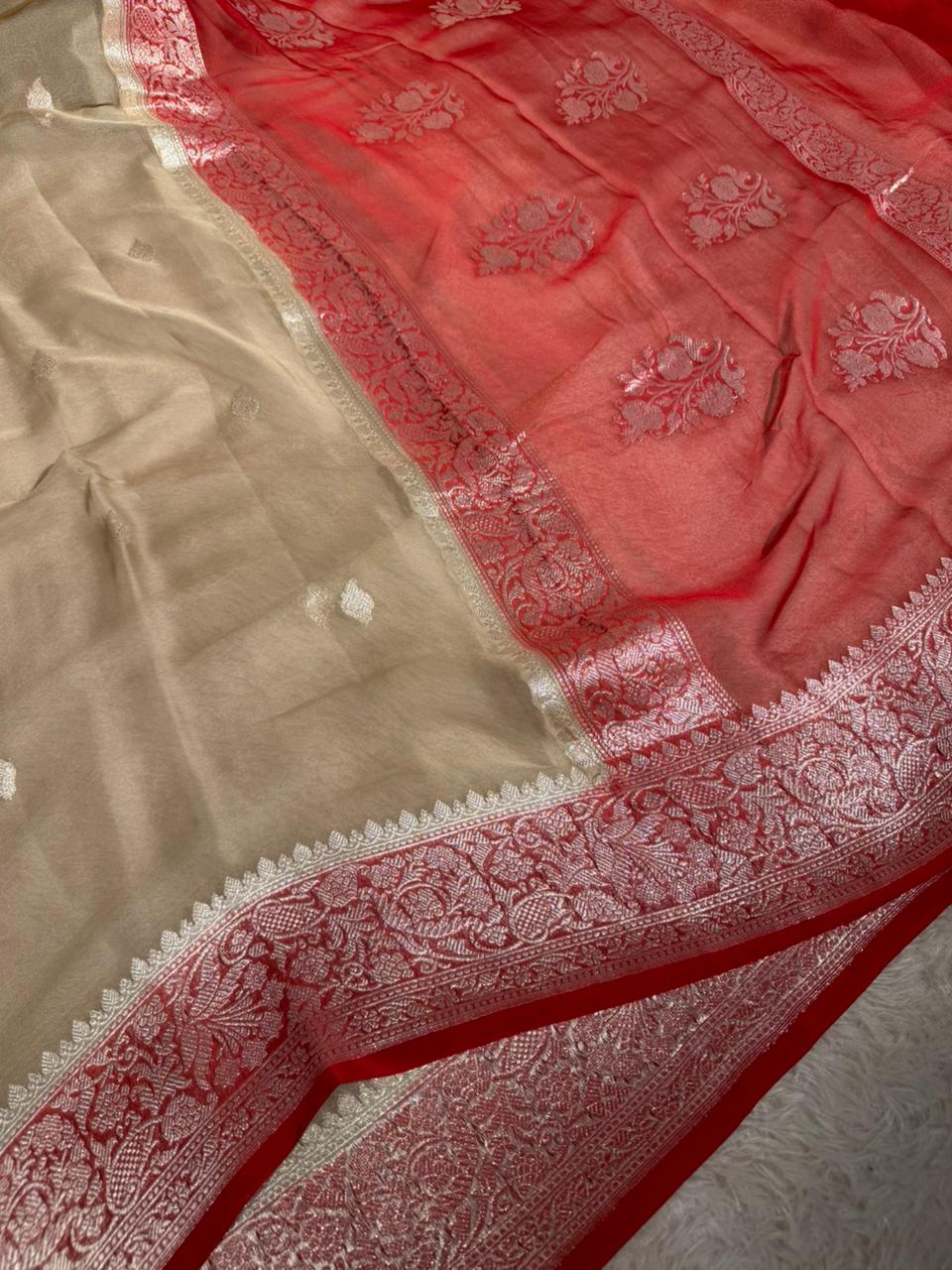 Light Beige Pure Khaddi Chiffon Silk Handwoven Banarasi Saree
