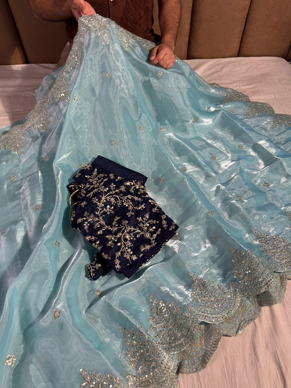 Light Blue Shade Shimmery Tissue Designer Silk Saree