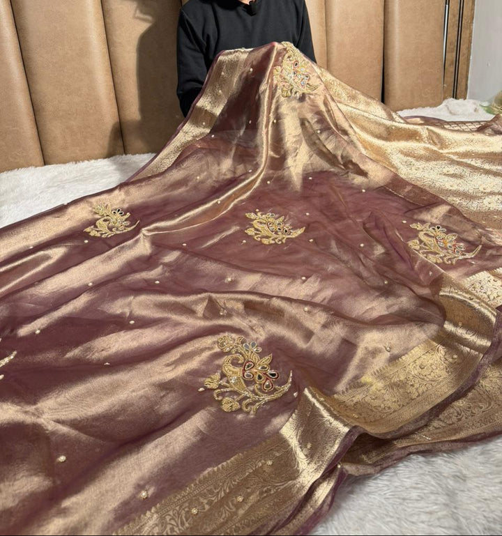 Light Brown Pure Tissue Premium Handwork Saree