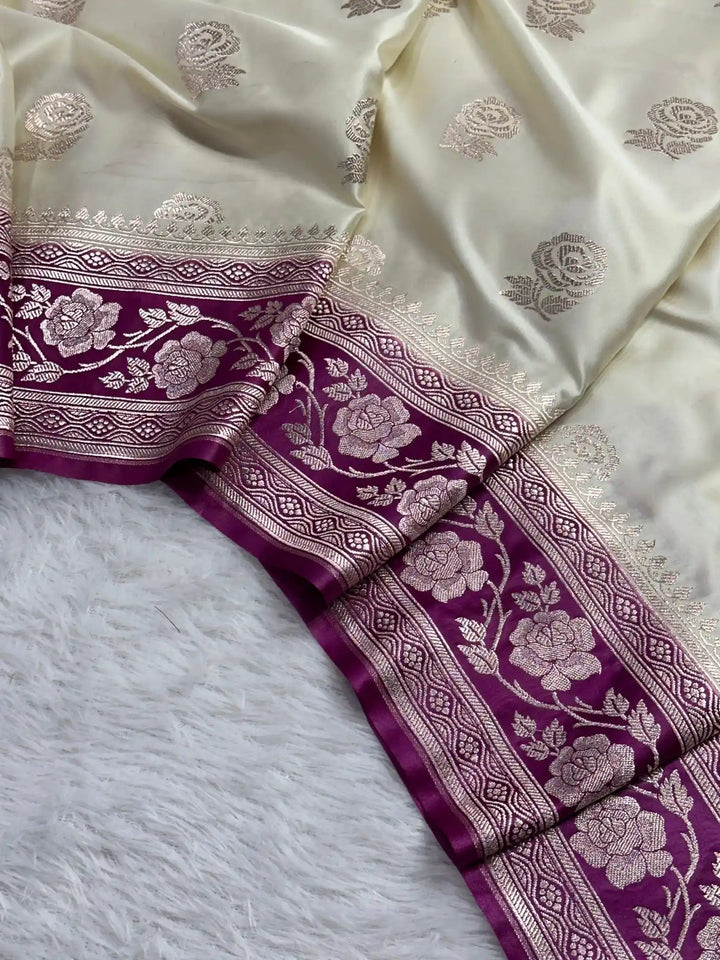 Light Cream Mashru Katan Silk Banarasi Saree
