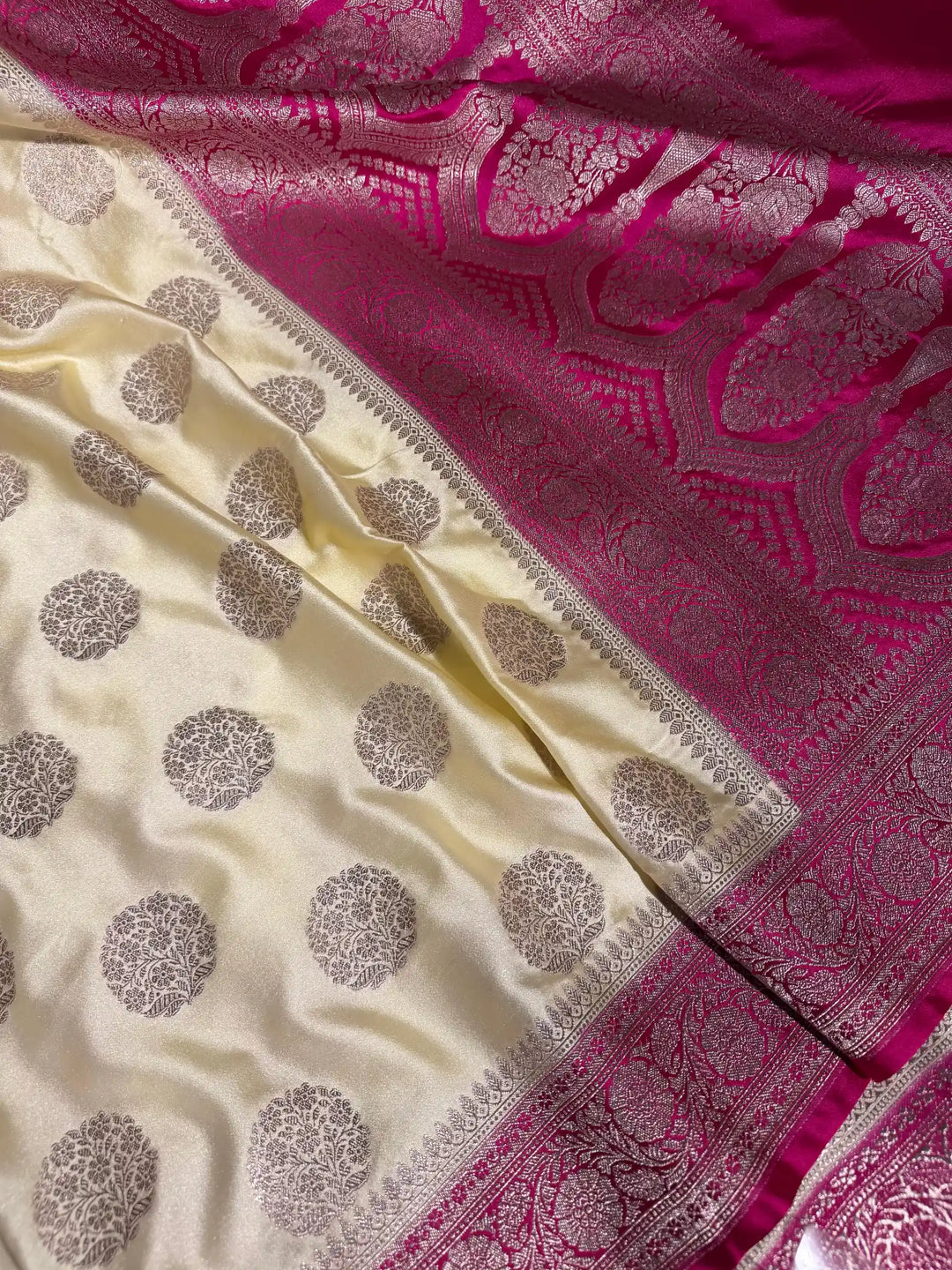 Light Cream Mashru Katan Silk Traditional Buta Banarasi Saree 