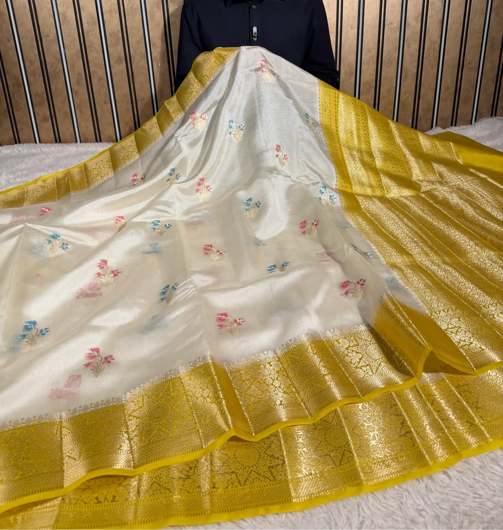 Light Cream Pure Mango Katan Silk Meenakari Buta Banarasi Saree