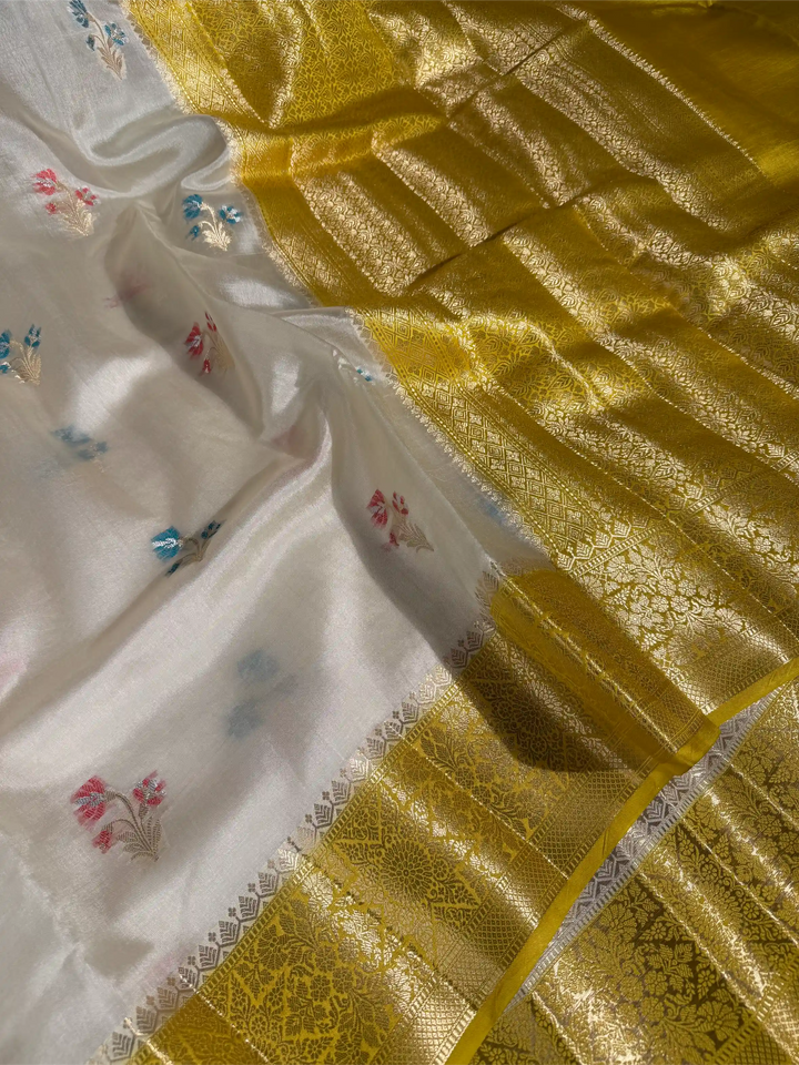 Light Cream Pure Mango Katan Silk Meenakari Buta Banarasi Saree