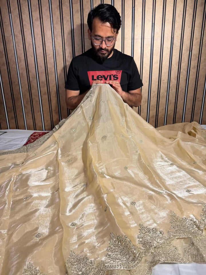 Light Cream Shimmery Tissue Silk Designer Saree