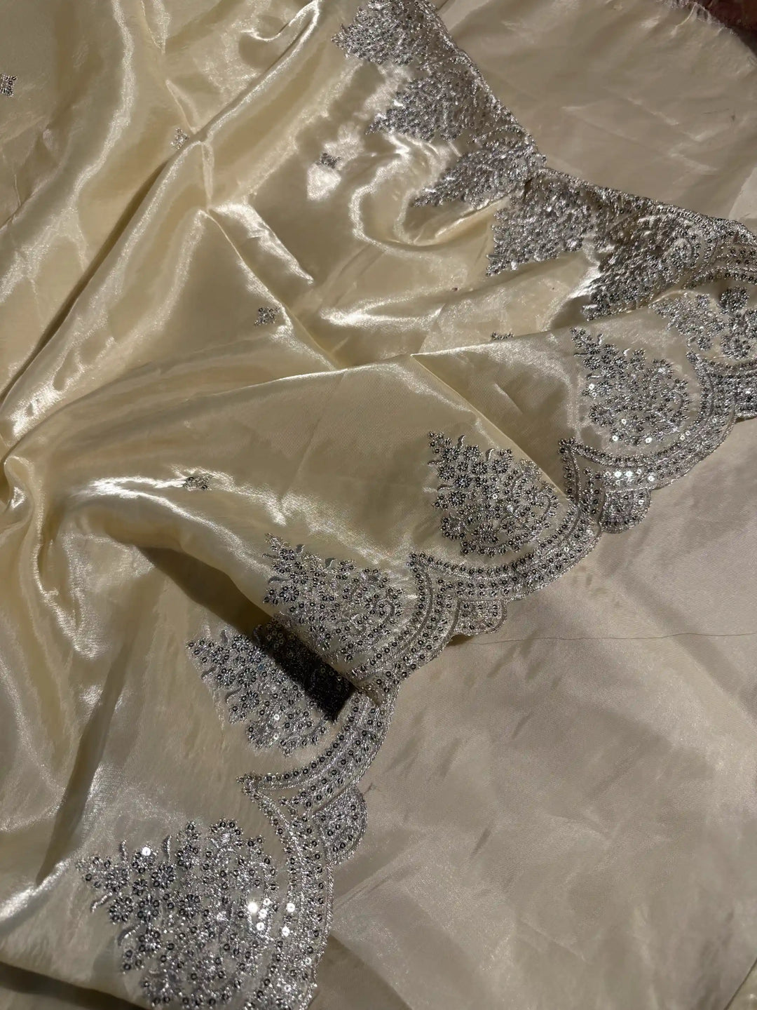 Light Cream Shimmery Tissue Silk Designer Saree