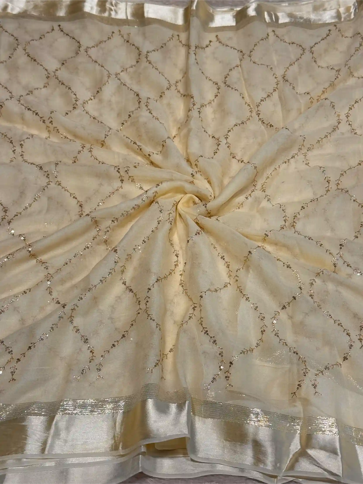 Light Cream Viscose Georgette Silk Embroidered Work Banarasi Saree