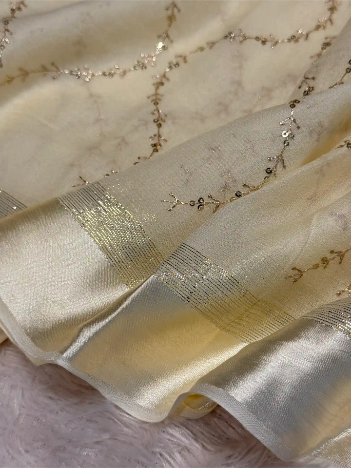 Light Cream Viscose Georgette Silk Embroidered Work Banarasi Saree