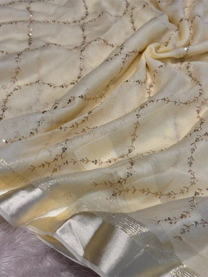 Light Cream Viscose Georgette Silk Embroidered Work Banarasi Saree