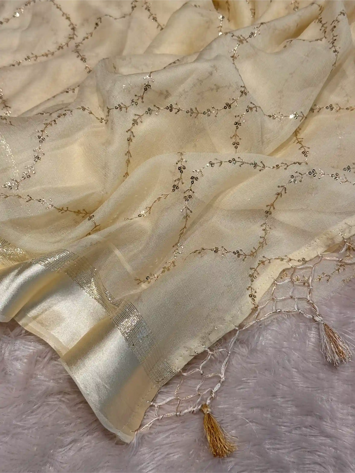 Light Cream Viscose Georgette Silk Embroidered Work Banarasi Saree