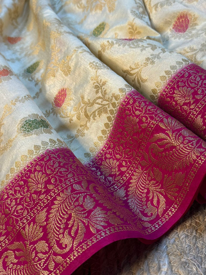 Light Cream Warm Silk Meenakari Jaal Weave Banarasi Saree