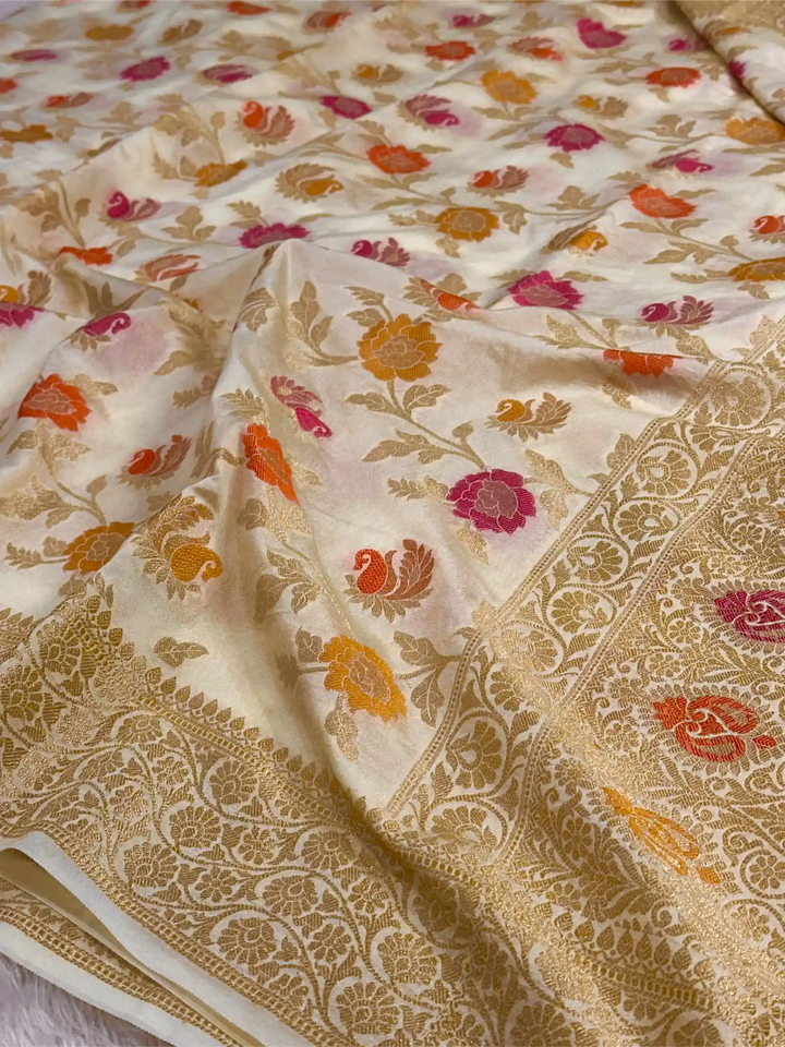 Light Cream Warm Silk Tilfi Meenakari Banarasi Saree