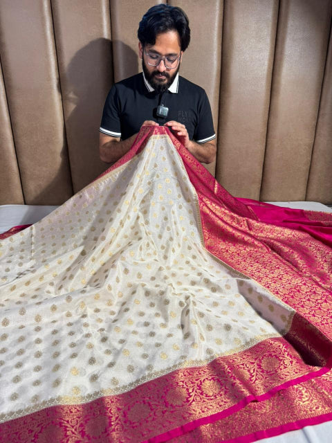 Light Creame Warm Silk Khaddi Buti Banarasi Saree