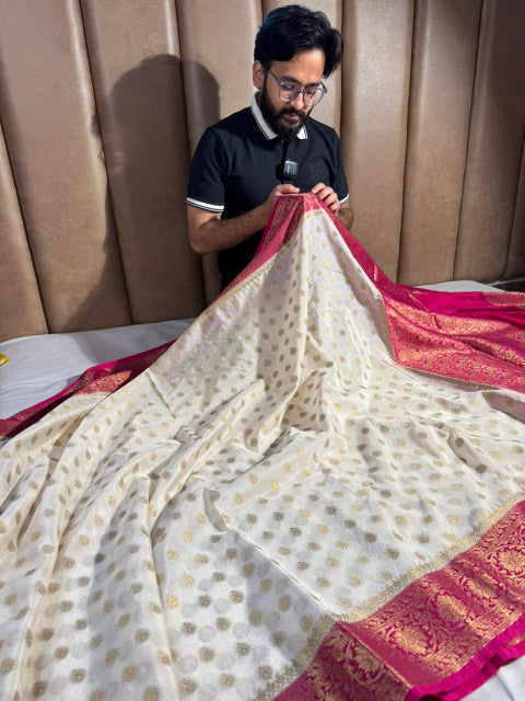 Light Creame Warm Silk Khaddi Buti Banarasi Saree