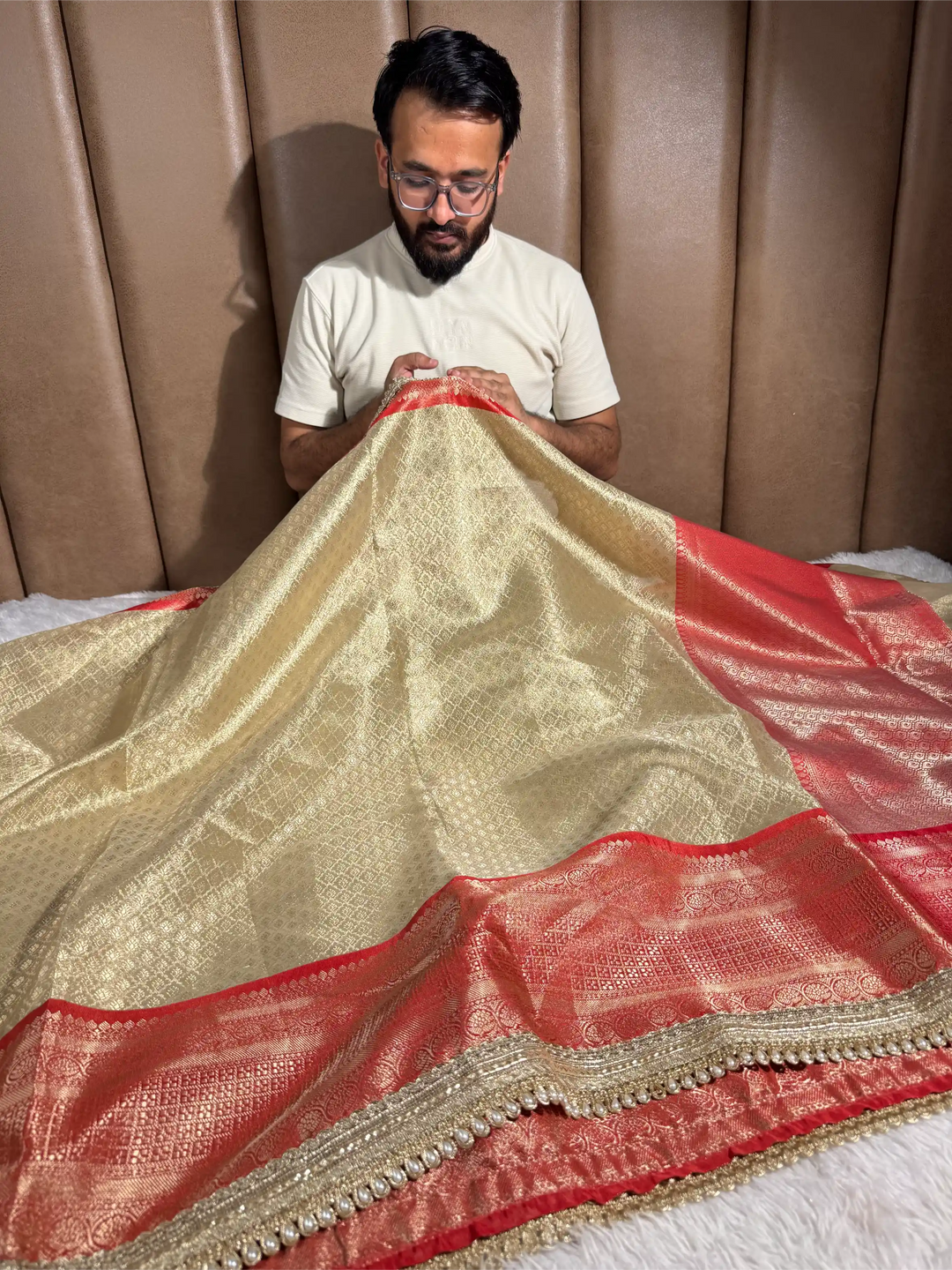 Light Gold Bridal Kanjivaram Tissue Silk Brocade Designer Banarasi Saree