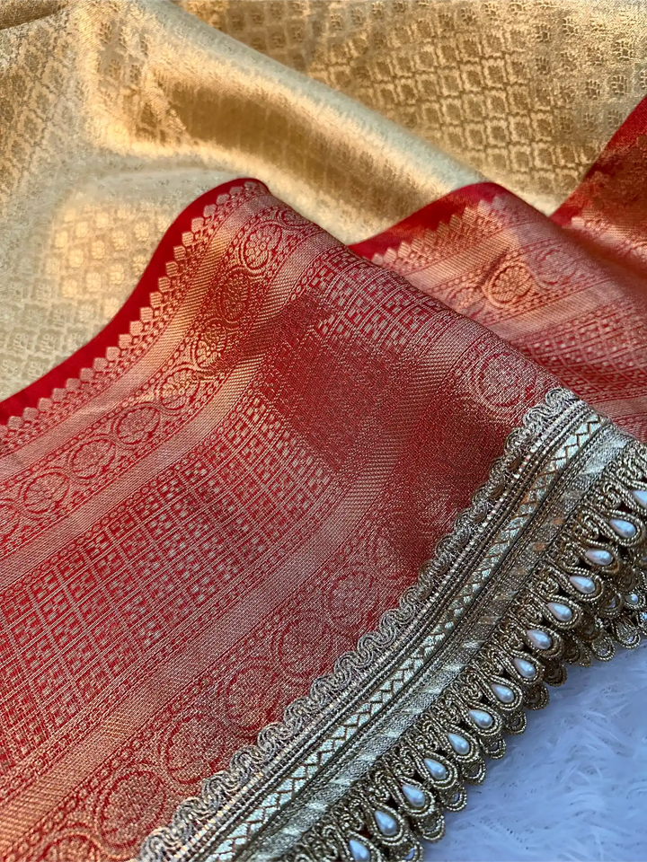 Light Gold Bridal Kanjivaram Tissue Silk Brocade Designer Banarasi Saree

