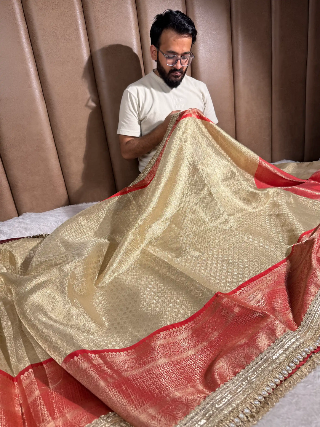 Light Gold Bridal Kanjivaram Tissue Silk Brocade Designer Banarasi Saree