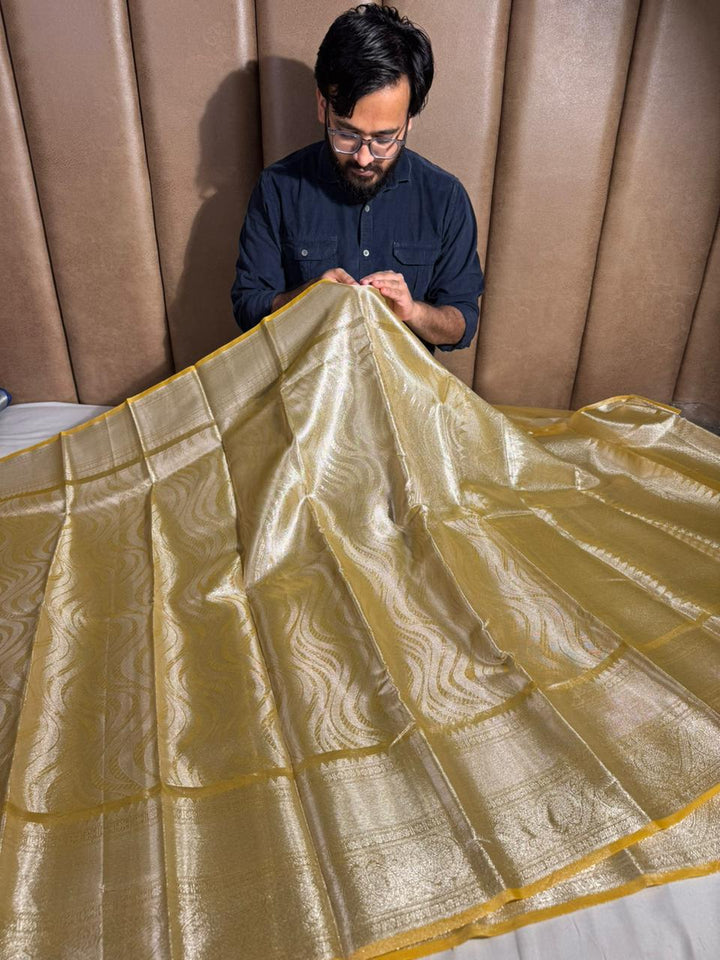 Light Gold Embossed Glass Tissue Silk Banarasi Saree