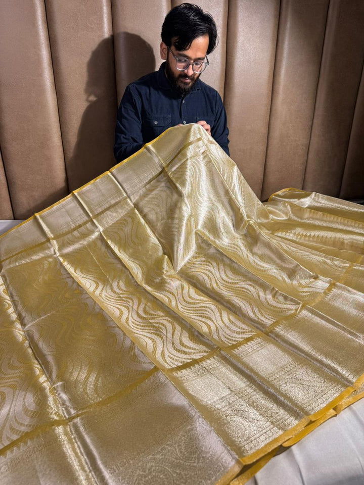 Light Gold Embossed Glass Tissue Silk Banarasi Saree