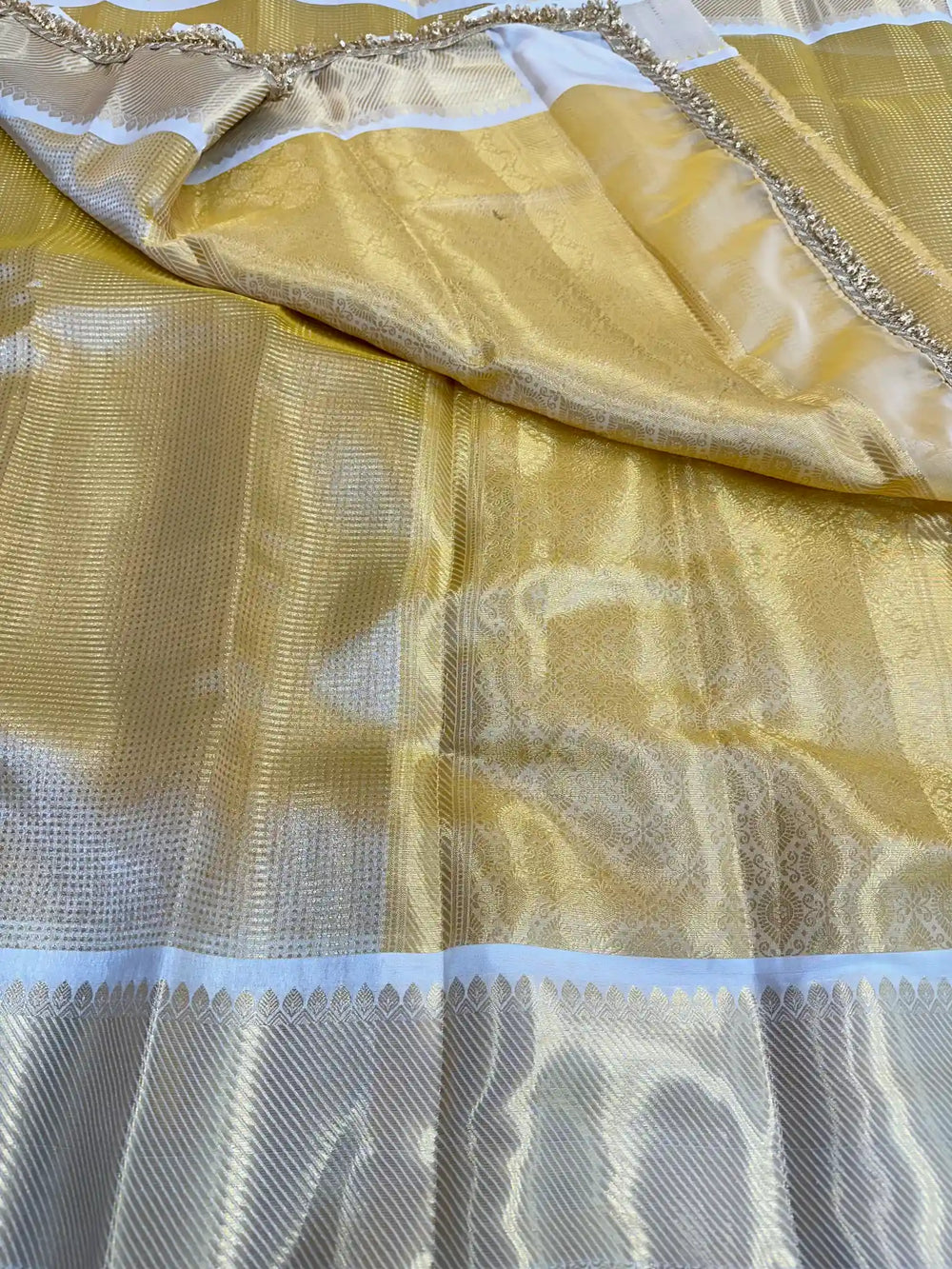 Light Gold Kanjeevaram Tissue Silk Lace Attached Brocade Saree