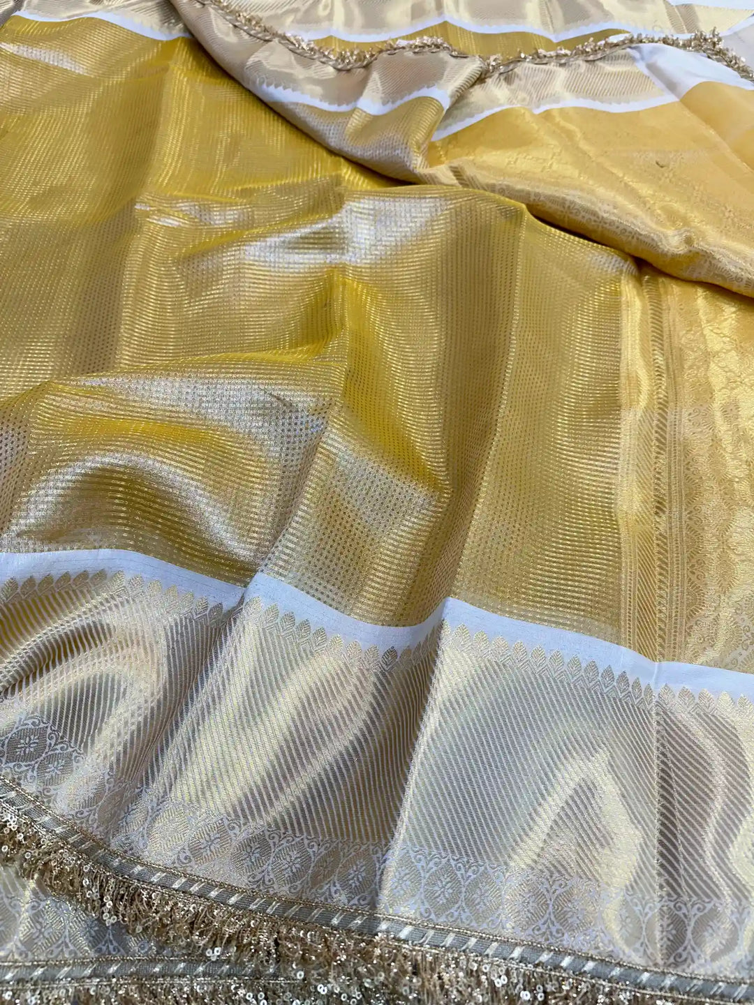 Light Gold Kanjeevaram Tissue Silk Lace Attached Brocade Saree