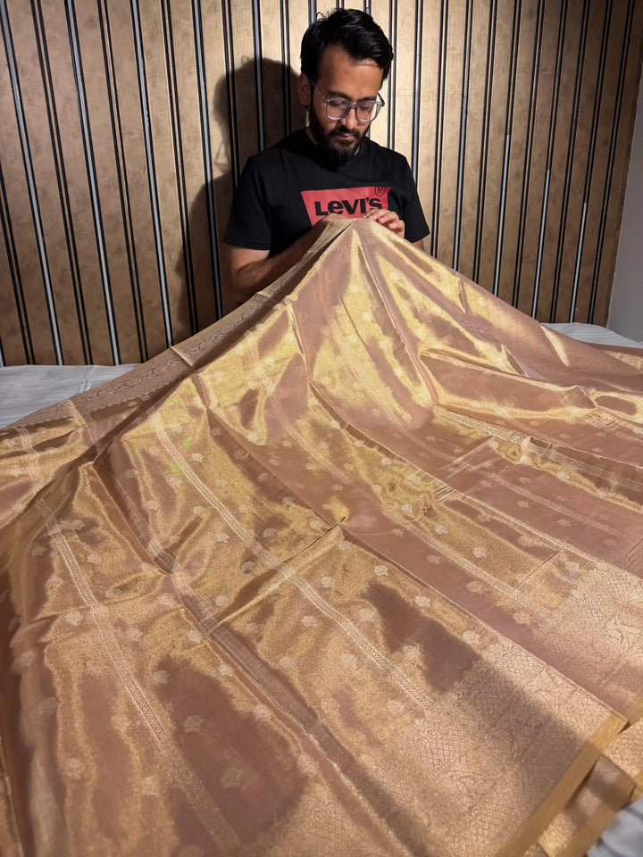 Light Gold Kathan Tissue Silk Zari Buta Banarasi Saree