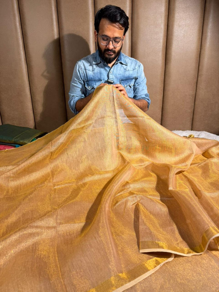 Light Gold Linen Tissue Silk Banarasi Saree