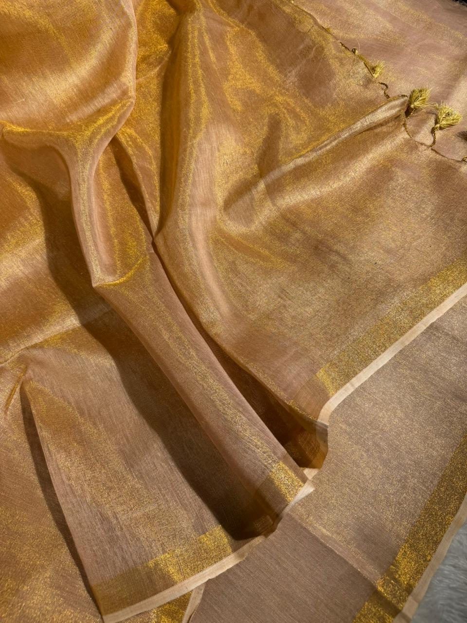 Light Gold Linen Tissue Silk Banarasi Saree