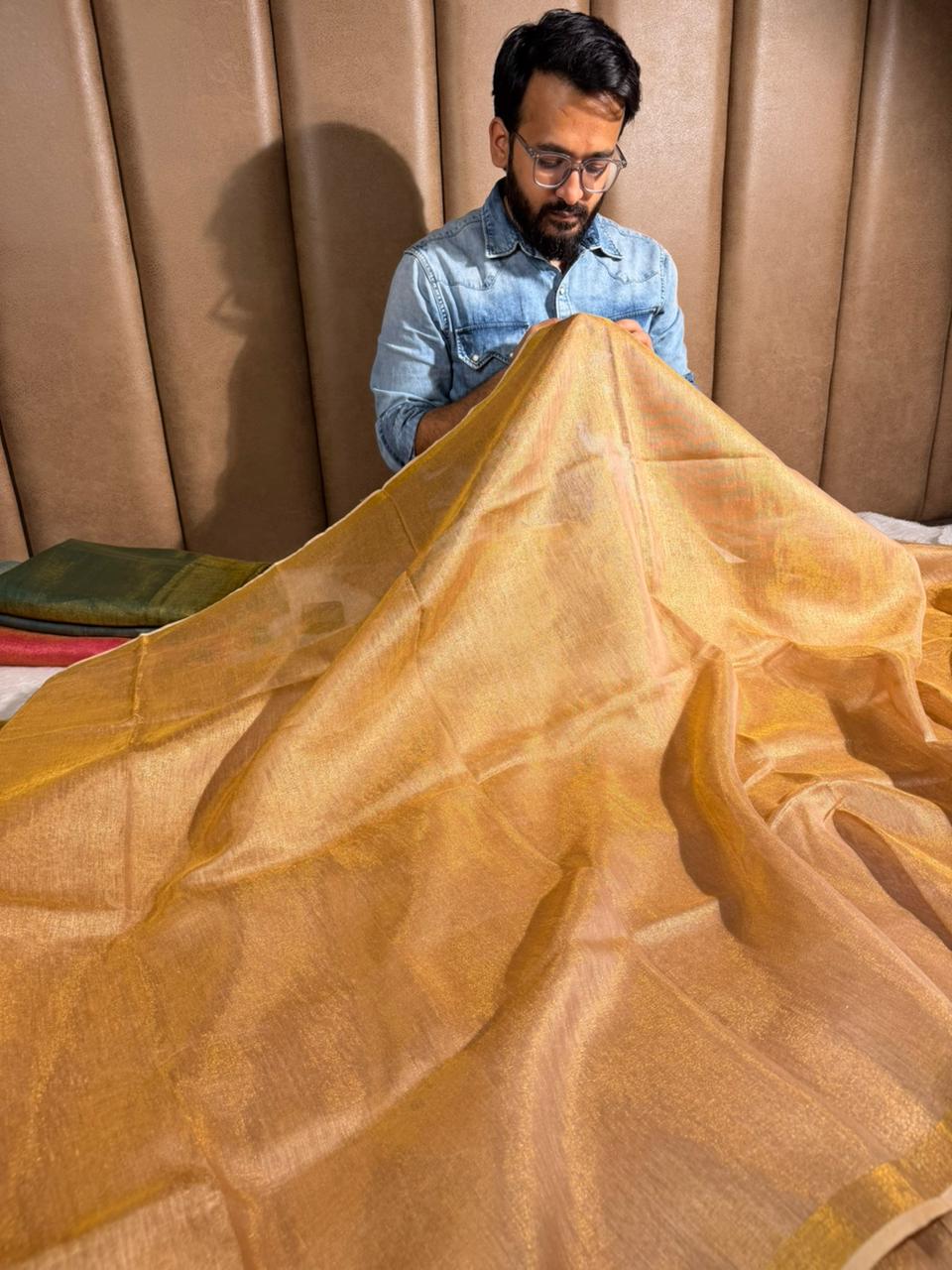 Light Gold Linen Tissue Silk Banarasi Saree