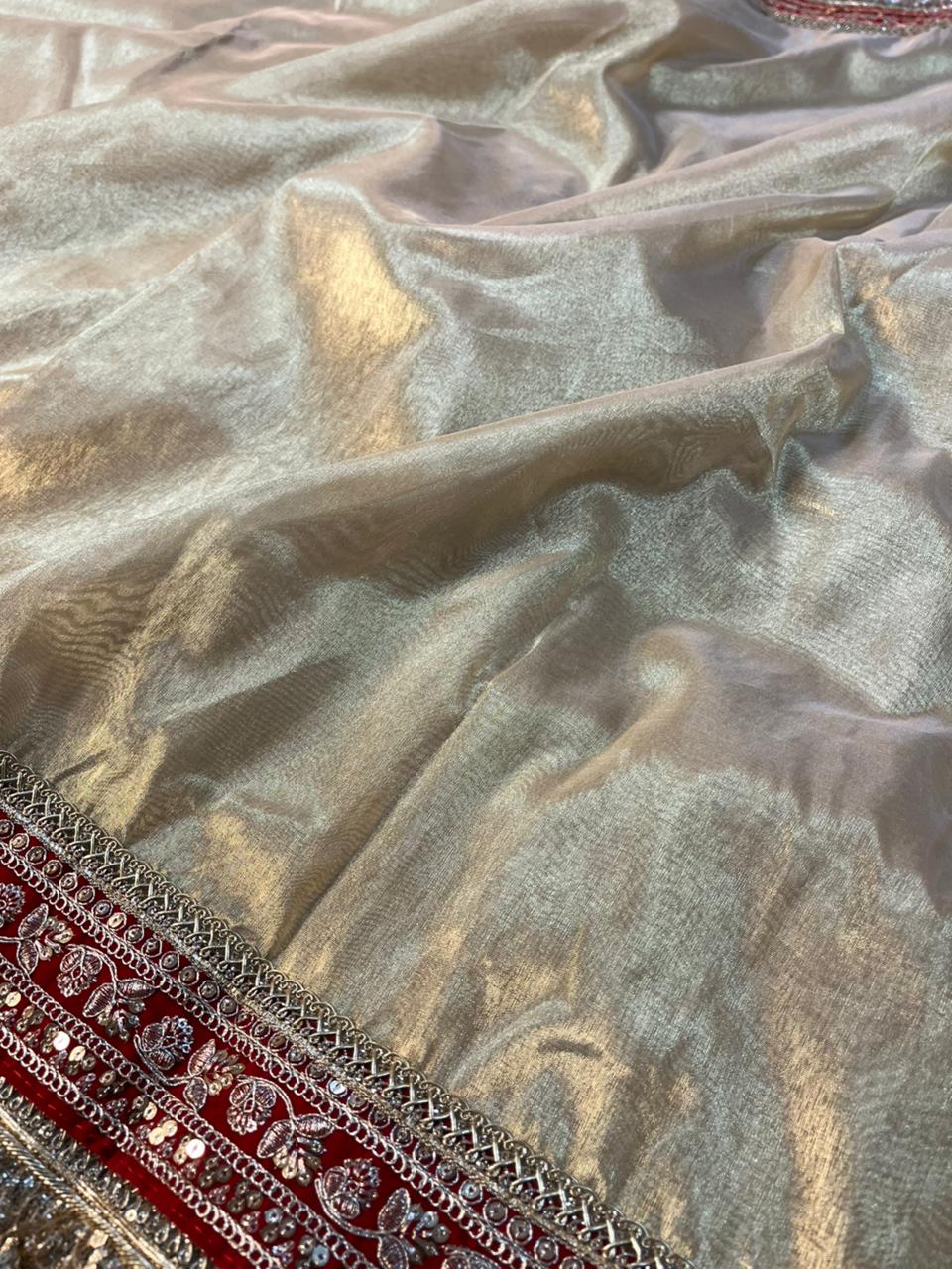 Light Gold Tissue Silk Maroon Eccentric Gota Attached Banarasi Saree