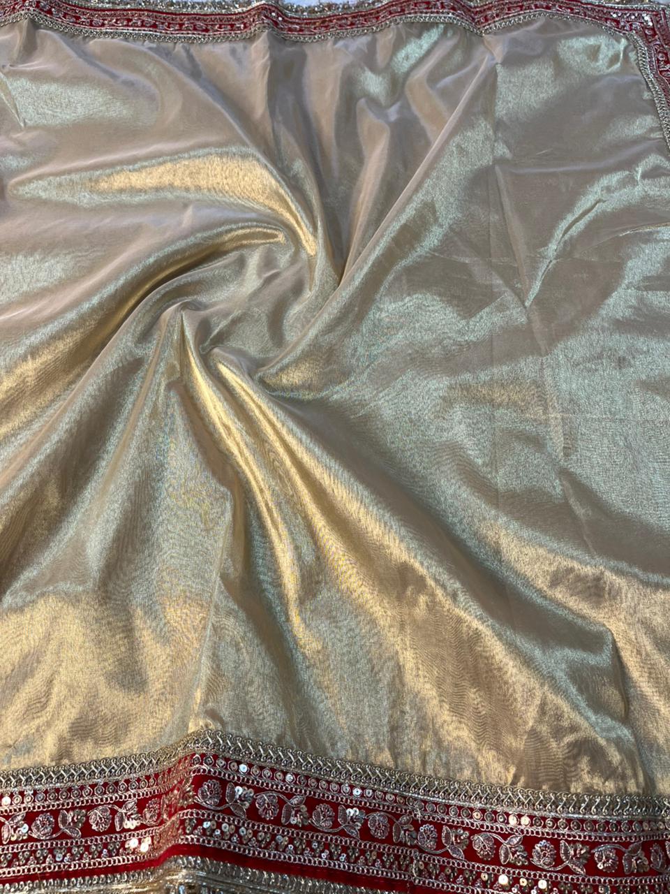 Light Gold Tissue Silk Maroon Eccentric Gota Attached Banarasi Saree