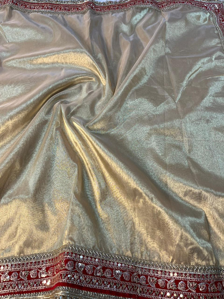 Light Gold Tissue Silk Maroon Eccentric Gota Attached Banarasi Saree