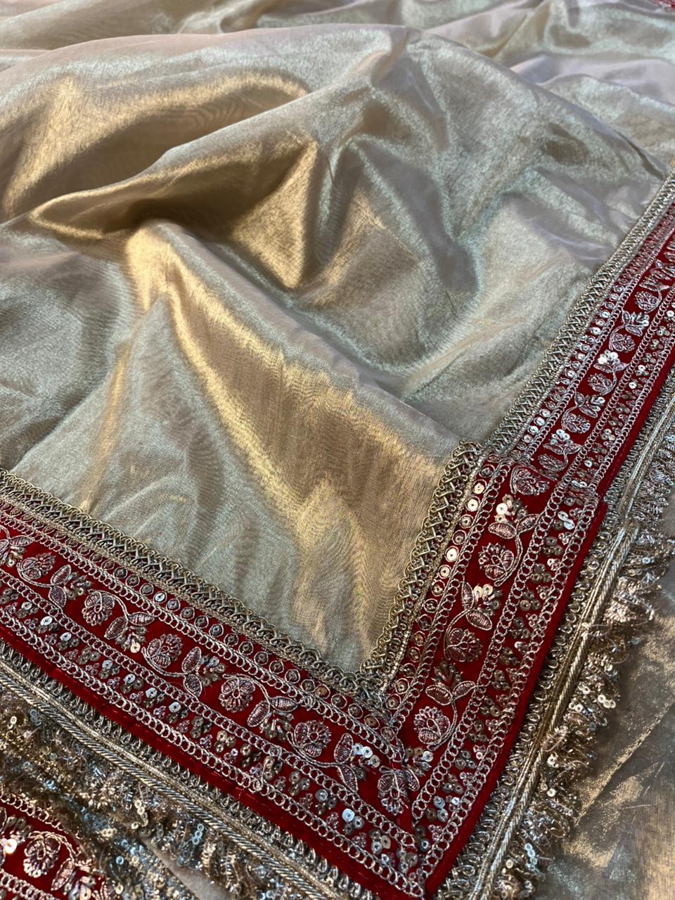 Light Gold Tissue Silk Maroon Eccentric Gota Attached Banarasi Saree