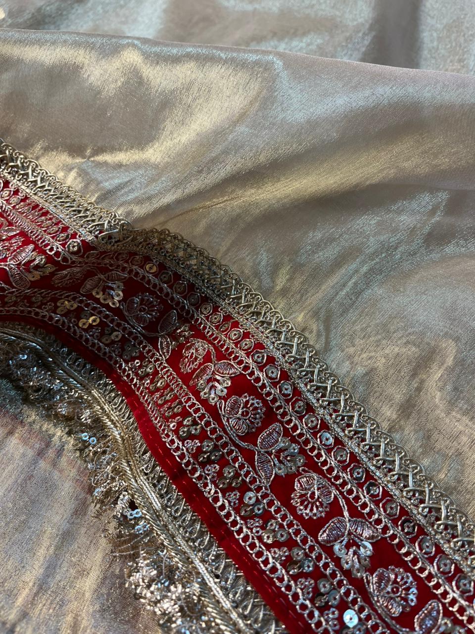 Light Gold Tissue Silk Maroon Eccentric Gota Attached Banarasi Saree