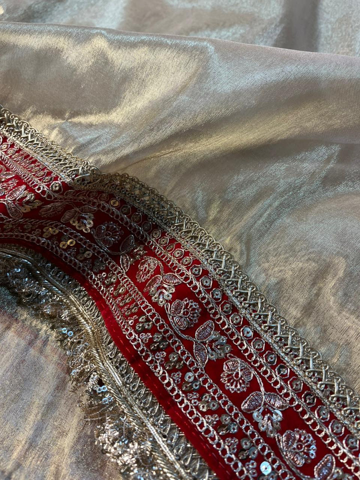 Light Gold Tissue Silk Maroon Eccentric Gota Attached Banarasi Saree