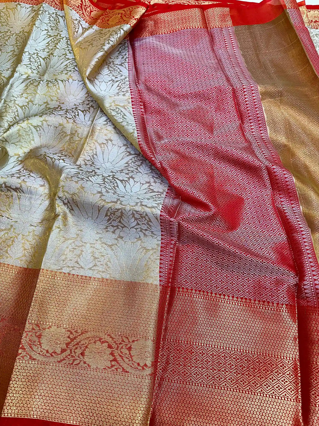 Light Gold Tissue Silk Resham Embossed Floral Banarasi Saree