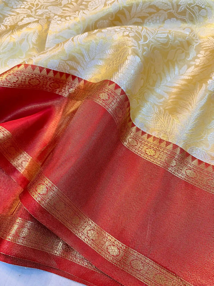 Light Gold Tissue Silk Resham Embossed Floral Banarasi Saree