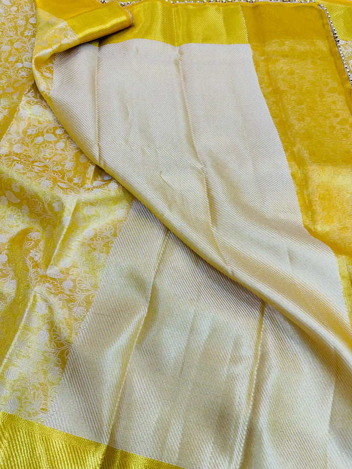 Light Golden Kanjeevaram Tissue Silk Moti Less Attached Banarasi Saree