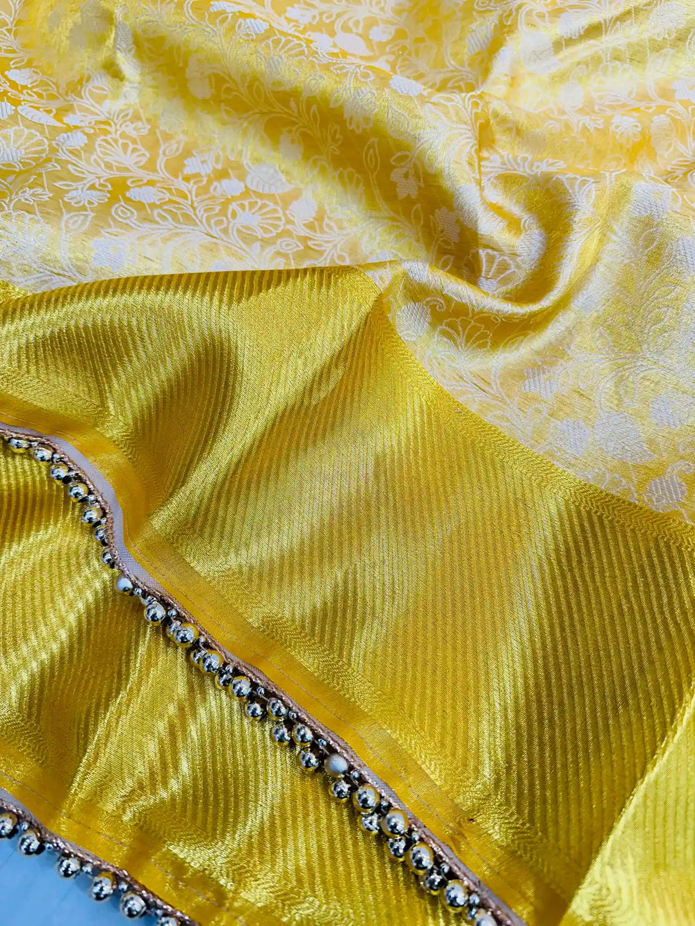 Light Golden Kanjeevaram Tissue Silk Moti Less Attached Banarasi Saree