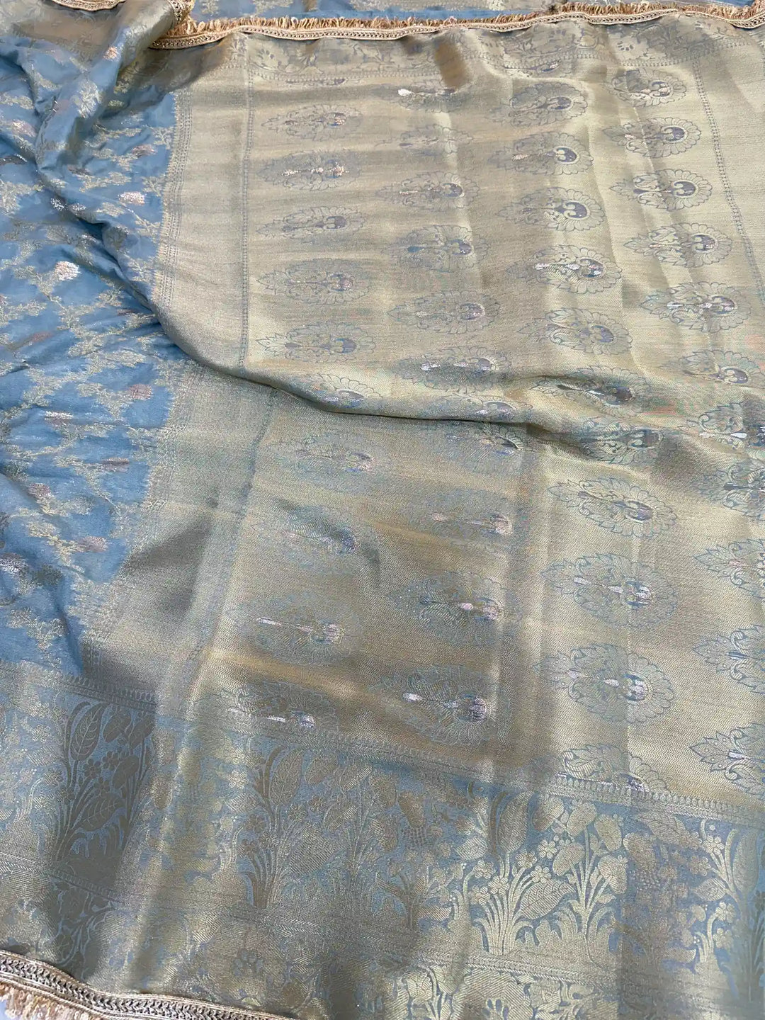 Light Grey Chiniya Silk Designer Lace Attached Banarasi Saree