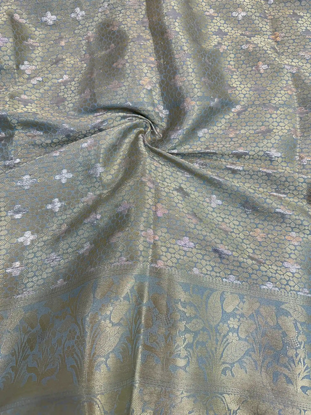 Light Grey Chiniya Silk Designer Lace Attached Banarasi Saree