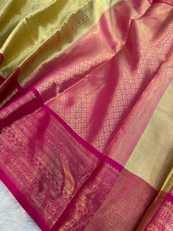Light Ivory Gold Kanjivaram Brocade Tissue Silk Saree