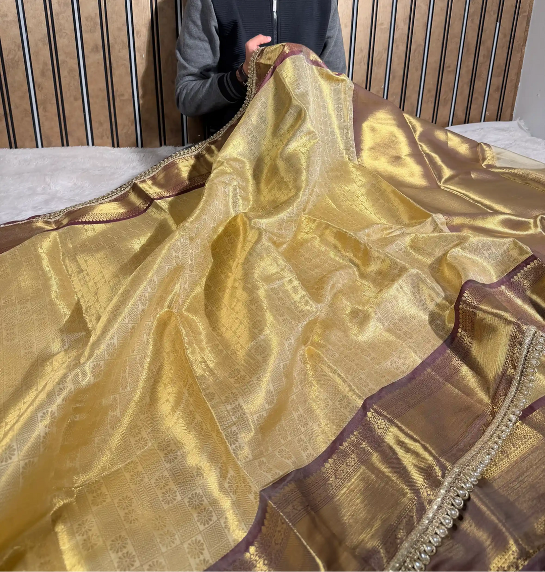 Light Ivory Kanjivaram Tissue Silk Embossed Designer Banarasi Saree