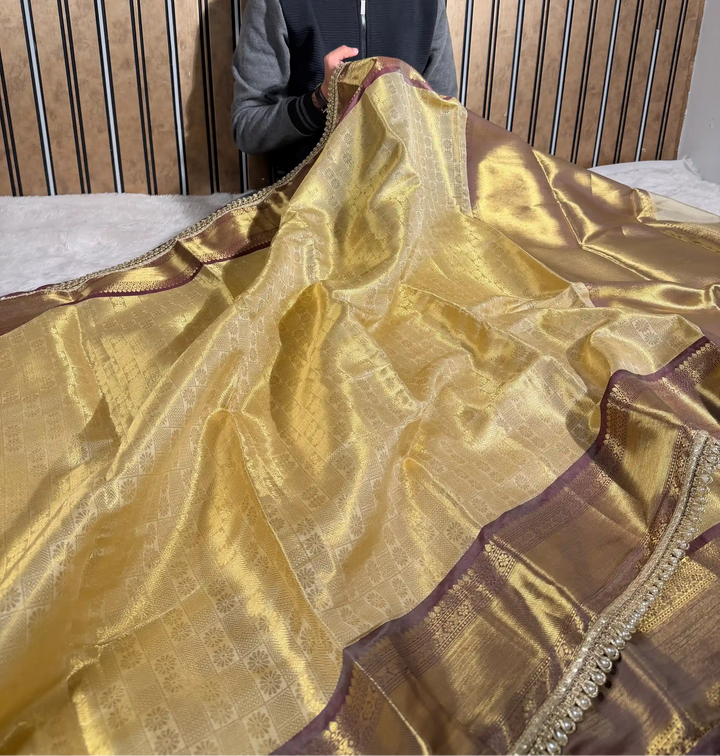 Light Ivory Kanjivaram Tissue Silk Embossed Designer Banarasi Saree