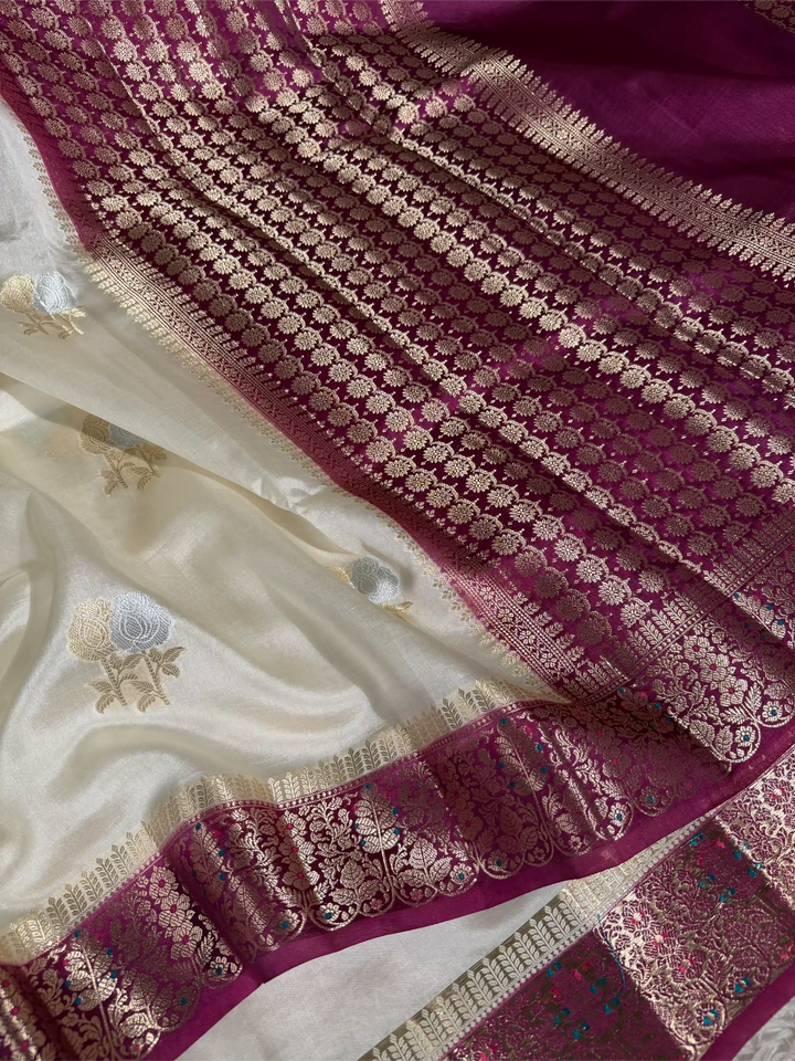 Light Ivory Pure Mango Katan Silk Floral Buta Banaraasi Saree