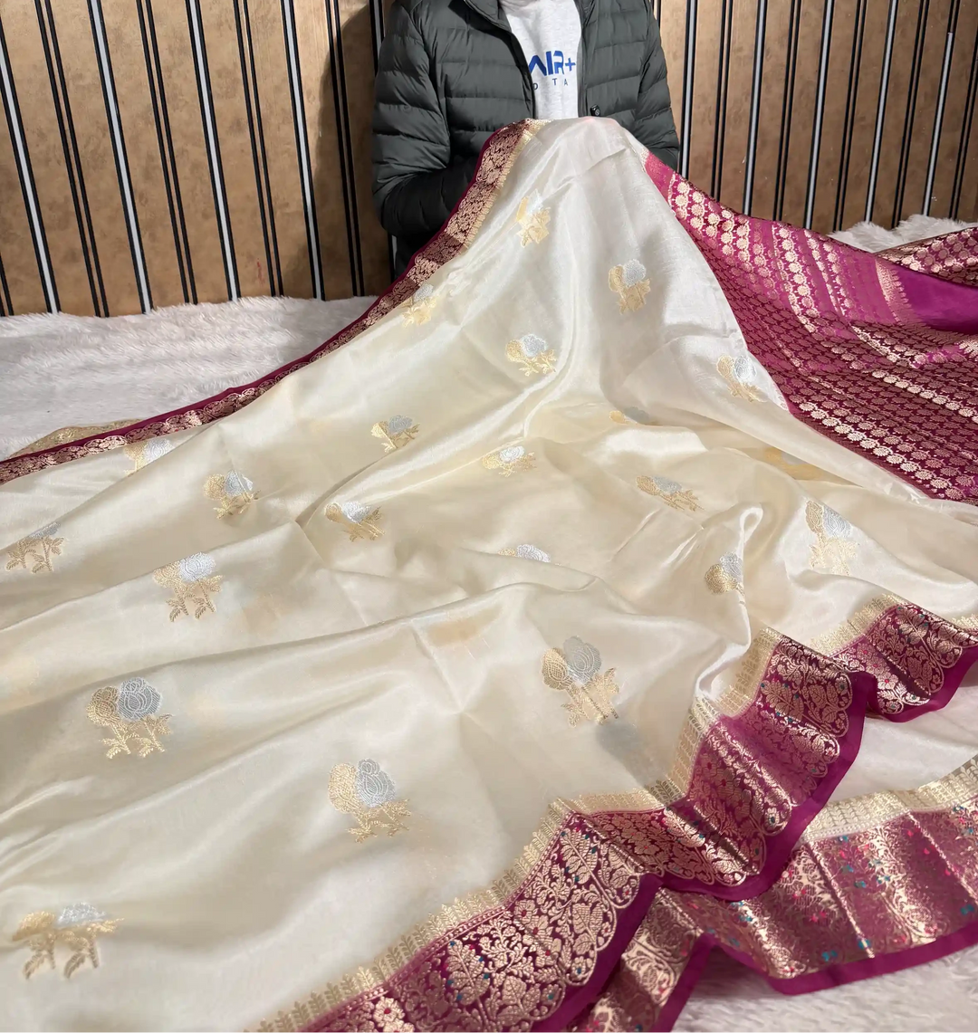Light Ivory Pure Mango Katan Silk Floral Buta Banaraasi Saree